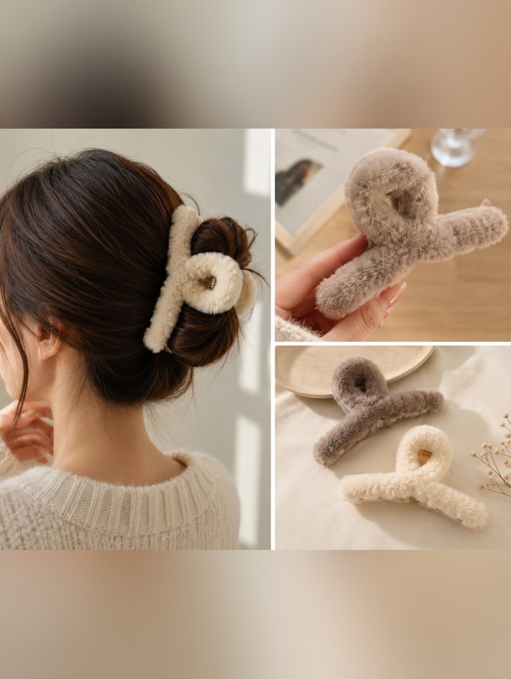 Soft Plush Faux Fur Hair Claw Clips 🤍 Cozy Teddy Hair Clip Set New